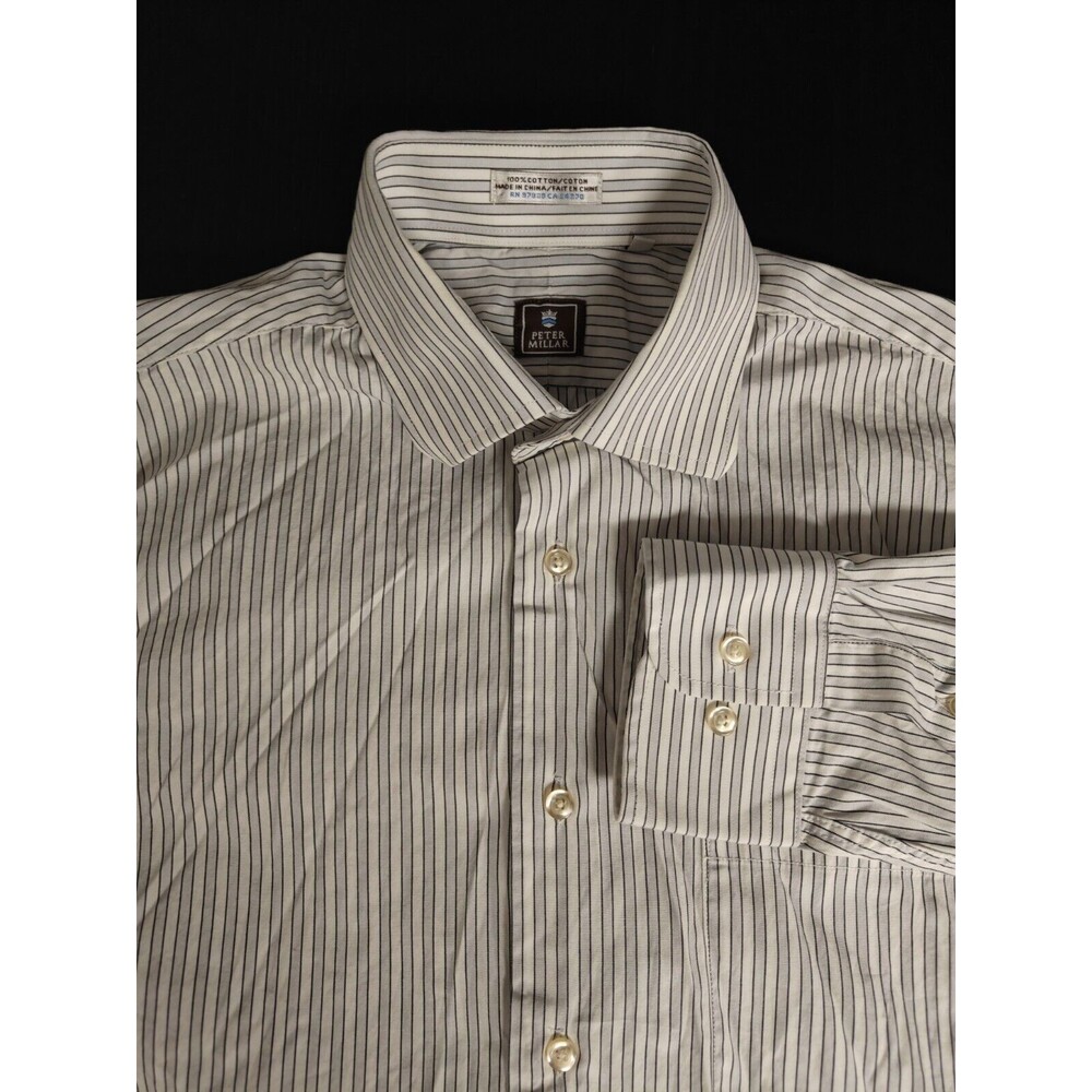 PETER MILLAR MEN 15 1/2 R COTTON BLACK STRIPED BUTTON DRESS SHIRT COMFORT SUMMER